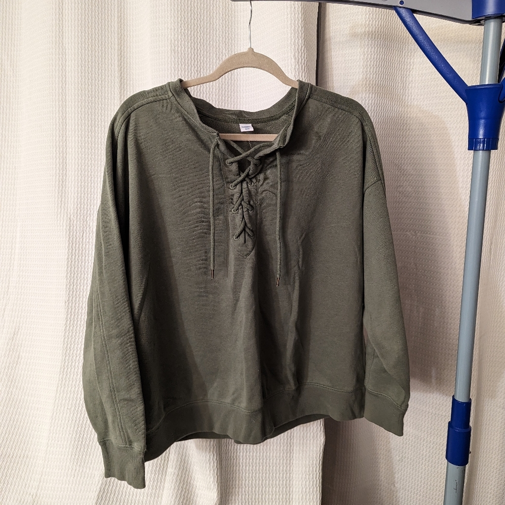 2x olive green Old Navy sweater with lace up neckline